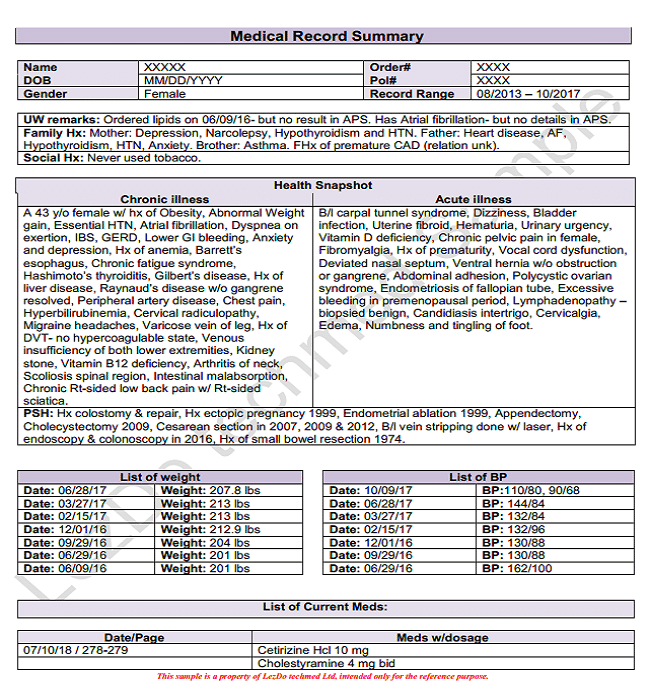 Life Insurance Underwriting APS Medical Record Summarization Sample Life Insurance Underwriting